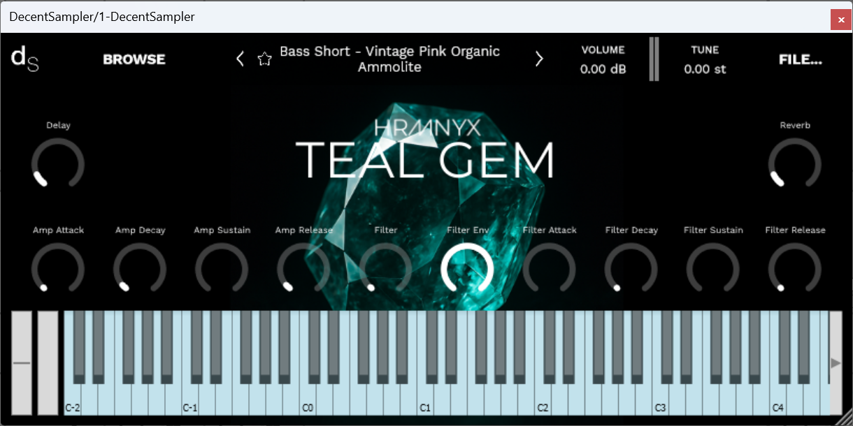 A screenshot of the Teal Gem Sample Library instrument interface in Decent Sampler.